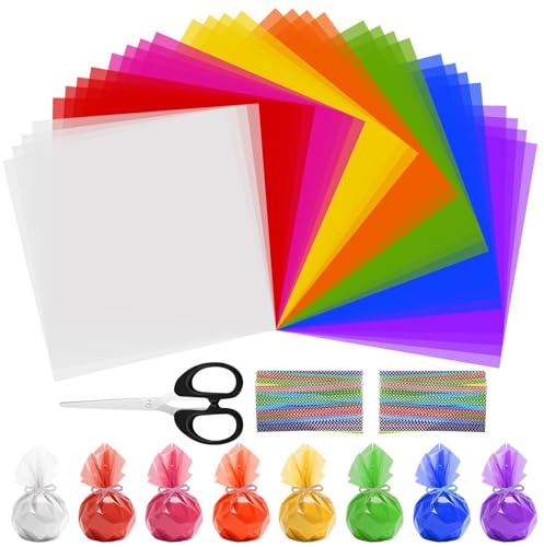 Celepoir 200 Pcs Fogli Cellophane Colorata, 19x19cm Colorata Fogli Cellophane per Confezioni, Carta Cellophanes Colore & Legami Torsione, per Caramelle, DIY, Artigianato, Regali, Finestre Decorazione