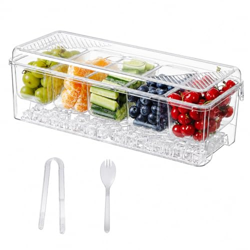 STORICANS Ice Chilled Condiment Server with Lid Large,5 Removable Compartments, Clear Acrylic Condiment Caddy, Chilled Garnish Tray for Party, Bar, Taco Salad Bar Accessories 5 Serving Spoons 2 Clips