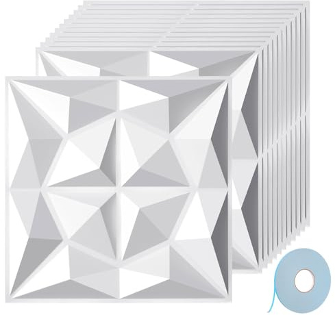 Jaxguom Lot de 12 panneaux muraux 3D diamant - 30 x 30 cm (1,08 m²) - Panneaux muraux 3D avec ruban adhésif - Plaques décoratives murales en PVC très rigide - Indéformable - Imperméable - Résistant à