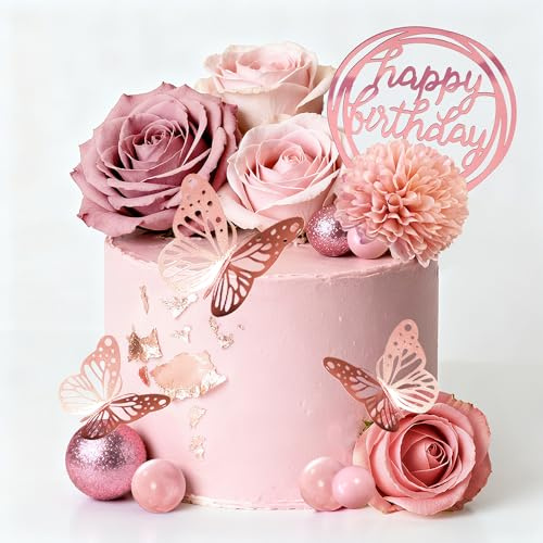 Flower Cake Toppers, Happy Birthday Rose Gold Cake Decorations with Artificial Flowers Butterfly Balls for Wedding Baby Shower Birthday Party Supplies