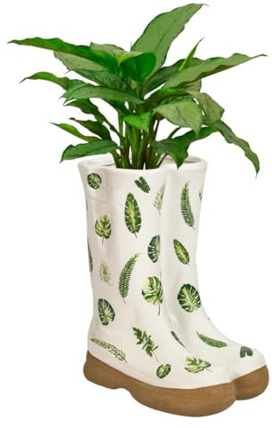 Dibor Ceramic Wellington Boot Plant Pots with Botanical Leaf Print Indoor/Outdoor Planter Flower Houseplant Wedding Anniversary Fathers Day Gardening Gift H29.5 x L24 x D16cm White Glazed