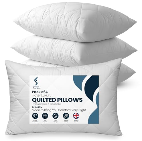 Savera Fashion Quilted Pillows 4 Pack – Hotel Quality Luxury Bed Pillows 48x74cm – Soft Hollowfibre & Hypoallergenic Pillow Set with Cotton Cover – Firm, Supportive & Anti-Allergy