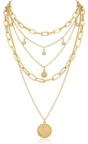 GHKJOK Chunky Layered Gold Chain Necklace for Women – Adjustable Multi-Layer Coin Pendant Medallion, Jewelry Gift for Party, Wedding, Holiday & Fashion Costume Accessories