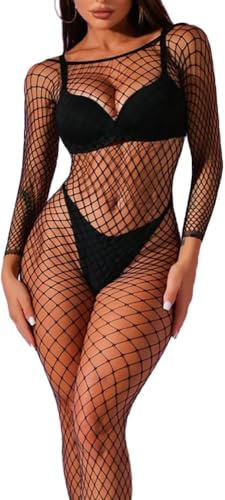 XFSRG Lingerie Donna Pizzo Body Rete Intero Maniche Lunghe Completo Intimo Sexy Abbigliamento Elegante Trasparente Reggicalze Tutina Catsuit Bodystocking Aderente (Nero)