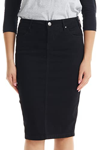 ESTEEZ Black Denim Jeans Pencil Skirt for Women - Knee Length, Tummy Control, Modest, Long Midi Skirt, with Pockets - 'Miami' (EX802146 Black 14)