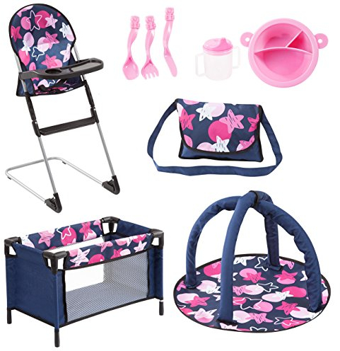 Bayer Design 61769AB Set 9 in 1 for dolls with highchair, bag, plate with cutlery and drinking cup, a play mat and travel bed, doll accessories set, blue pink stars