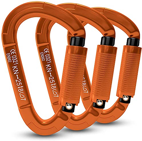 Karabiner Klettern Kletterausrüstung,3 Stück UIAA-Zertifiziert 25KN Auto Locking Kletterkarabiner Clips für Hängematten, Schaukel, Locking Hundele