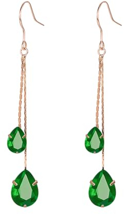 Vissen Crochet Boucles d'oreilles Femme Pendantes Verte Strass Longue Chaîne Plaqué or 2 pierres en forme de goutte