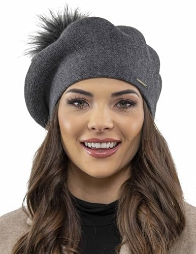 VIVISENCE Winter Baskenmütze Mit Bommel Für Damen Klassischem Herbst Frauen Mütze Schnitt Warmem Garn Mit Wollezusatz Eleganter Wintermütze Ideal Für Kalte Wintertage Modell, Dunkelgrau,Einheitsgröße