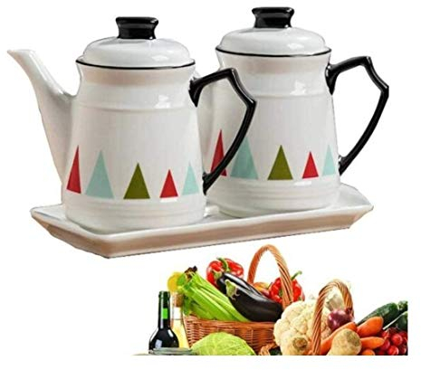 Aceitera y Vinagrera 2 Pcs Aceit Vinagre Botella Dispensadora Cerámica Cerámica de la Salsa de Oliva APRENSACIÓN Prueba DE POLPO Y Diseño de triángulo Simple a Prueba de Fugas 400ml