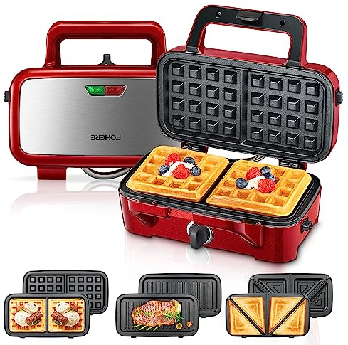 FOHERE Waffle Maker 3 in 1 Sandwich Maker 1200W Panini Press With Removable Plates and 5-gear Temperature Control, Non-stick Coating Easy to Clean,Indicator Lights, Red