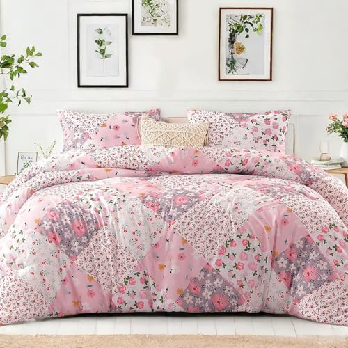 Whale Flotilla Coverless Duvet King Size 7.5 Tog 3 Pieces Patchwork Floral | 220x230cm Lightweight Quilt, 2 Pillowcase 50×75cm, Soft Microfibre Bed Cover Bedding, All Seasons, Machine Washable, Pink