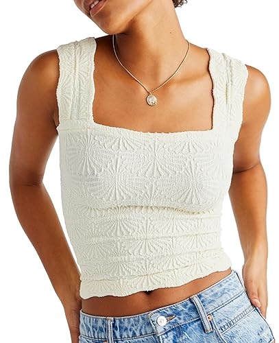 Niceyoo Tank Top for Women Going Out Tops Free People Doop Square Neck Crop Tops Flower Embroidery Cami Tops Beige, XS/S