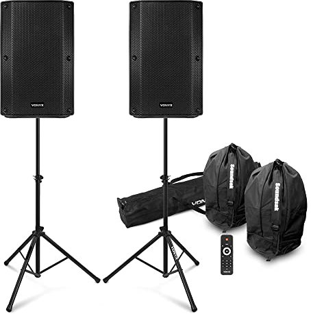 Vonyx VSA10BT 10 Active Bluetooth PA Speaker System Pair with Tripod Stands, Protective Carry Bags and XLR Cables – 1000W Complete DJ Audio Solution