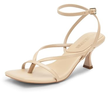 DREAM PAIRS Women's kitten Low Strappy Lace Up Heels Open Square Toe Thong Ankle Strap Heels Sexy Fashion Comfort Dress Shoes Party Sylvestra Pumps Heeled Sandals,Size 7.5,Nude-Pu,SDHS2405W