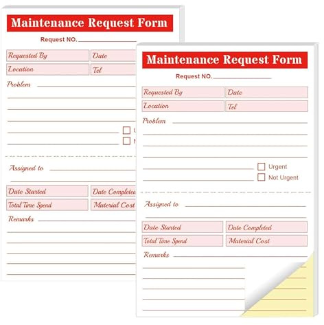 Formularios de libro de solicitud de mantenimiento, 14 x 21 cm, 2 partes de solicitudes de reparación de mantenimiento sin carbono, formularios de pedido de trabajo para equipos industriales, 100