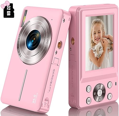 Digitalkamera 1080P Fotokamera 44MP Fotoapparat 16X Digitalzoom Kompaktkamera Kamera Fotokamera mit 2,4 LCD Bildschirm, 32G Micro SD-Karte und 1 Batterie für Kinder, Studenten, Anfänger-Rosa