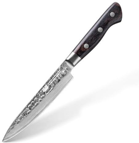 FINDKING Cuchillo de Paring de Damasco de 5 Pulgadas, Pequeño Cuchillo de Utilidad de Cocina Multifuncional, Afilado para Frutas, Portátil para Picnic, Viaje o Uso en Bares (Serie Raven)