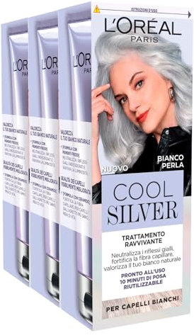 L'Oréal Paris Cool Silver belebende und stärkende Behandlung für weißes Haar, neutralisiert gelbe Reflexe, perlweiße Farbe – 3 Flaschen à 114 ml