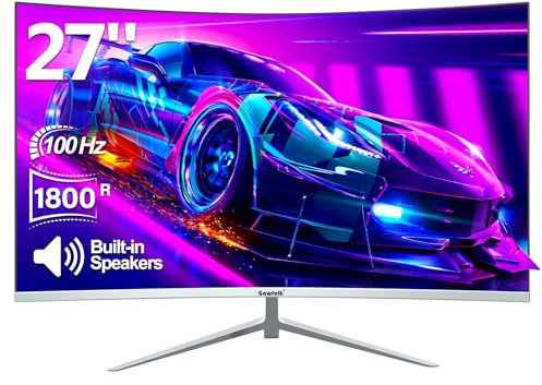 Gawfolk Curved Monitor 27 Zoll 100Hz mit Lautsprecher, Weiß 1800R Gebogen PC Bildschirm FHD 1080P, Computerbildschirm mit Eye Care Technologie HDMI VGA, unterstützt VESA