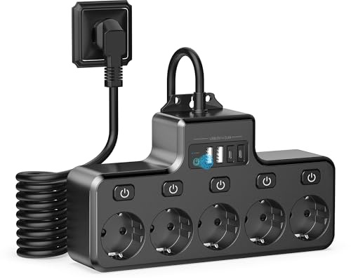 COLSTAR grenuttag med överspänningsskydd, 5-vägs och individuellt omkopplingsbar, med 2 USB-A och 2 USB-C – för väggmontering i kök, kontor, vardagsrum, 1,8 m kabel, 4 000 W/16 A