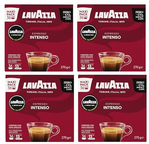 Lavazza A Modo Mio Espresso Intenso Coffee Capsules x36 (Pack of 4, Total 144 Pods) - Spiced Aroma & Medium Roast