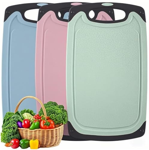 Lot de 3 planches à découper de cuisine avec poignée, en plastique, antidérapantes, sans BPA, antibactériennes et passent au lave-vaisselle, pour fruits/légumes