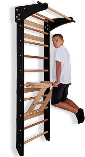Échelle suédoise noire avec barre de traction et barres parallèles pour enfants et adultes – Mur d’escalade en bois, équipement de fitness multifonction avec poignées de traction, barres & toise intég