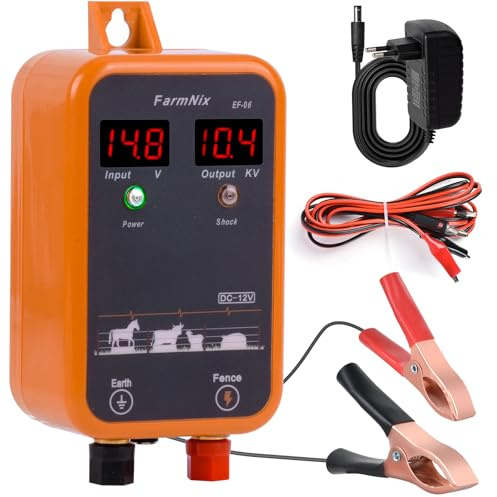 FarmNix 12V Weidezaungerät, 1J Elektrischer Weidezaun 230V, 8 KM Reichweite | mit digitaler LED Anzeige, Elektrozaun für Kleintiere, Haustiere & Geflügel, geeignet für Garten, Hof & Weide