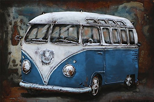 Vintage Line Handgefertigtes Metallbild 3D-Optik Verschiedene Größen Kunst Bild Wandbild (Metallbild Bus in blau (ca. 60x40 cm))