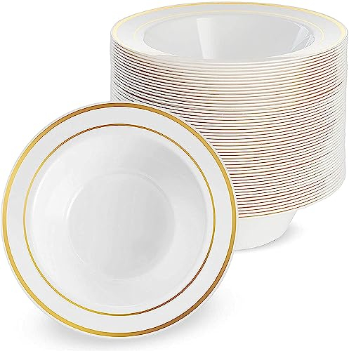 Matana - 25 Ciotole in Plastica Bianca Premium con Bordo Dorato, 360ml - Piatti Fondi per Matrimoni, Compleanni, Battesimi, Natale, Barbecue, Feste - Resistenti e Riutilizzabili