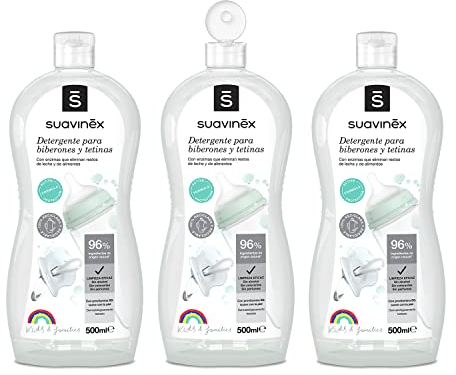 Suavinex, Detergente para Biberones y Tetinas. Pack de 3 (500 ml x 3). Limpia biberones, tetinas, chupetes y accesorios. Sin perfume. No deja residuos. Textura Gel. 96% Ingredientes de Origen Natural