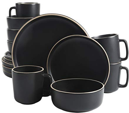 Gibson Home Zuma 16 Piece Round Kitchen Dinnerware Set, Dishes, Plates, Bowls, Mugs, Service for 4, Matte Stoneware, Black