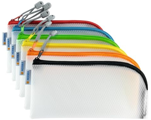 HERMA 20001 dragkedjeväska resväska transparent färgglad, 10 stycken, små låsbara plastfickor med dragkedja, färgade kulturväskor för mobiltelefon, laddkabel, kosmetika, pennor, nycklar