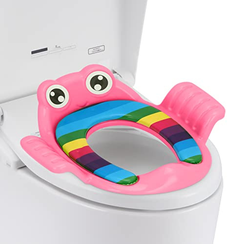 Trintion Potty Training Toilet Seat 38x35cm Kids Non-Slip Splash Resistant Comfortable Toilet Trainer with Handles and Backrest Portable Toddler Toilet Seat Pads for Round and Oval Toilets (Pink)