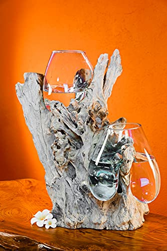 Vetro fuso su radice – Ciotola di vetro su radice – Legno Teak con vaso di vetro o ciotola (2 bicchieri da 50-60x45x40 cm)