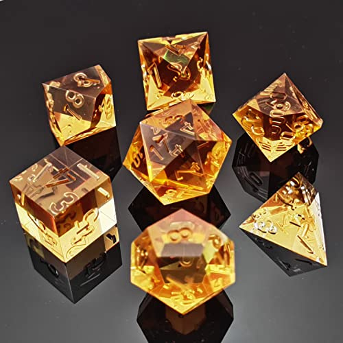 Bescon Crystal Clear (Unpainted) Sharp Edge DND Dice Set of 7, Razor Edged Polyhedral D&D Dice Set for Dungeons and Dragons Role Playing Games, Amber Color
