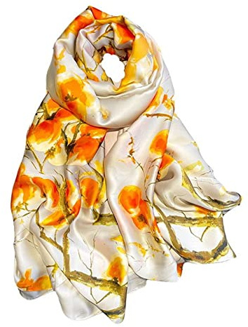 WEIGEER Silk Scarf Women Green Shawl Stain Neckerchief Head Wraps Thin Scarf Ladies Beach Shawl Vintage Painting Bridal Belt Chiffon Scarf Muslim Colourful Cloth Birthday gifts (White-gold)