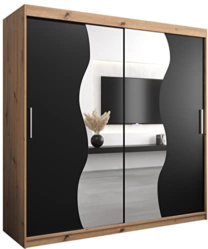 ABIKSMEBLE Armoire à Portes Coulissantes - Penderie Madryt - Meuble Porte Coulissante avec Miroir - Largeur 200cm, Hauteur 200cm, Profondeur 62 cm - Chêne Artisan + Noir Mat