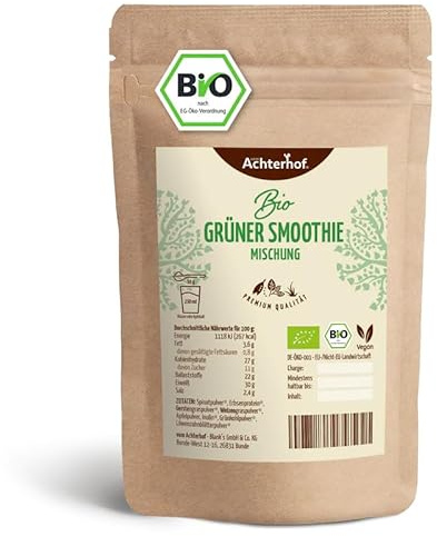 Grüne Smoothie Mischung Bio 500g | 8 wertvolle Gemüsezutaten | Spinat, Erbsenprotein, Gerstengras, Weizengras, Apfelpulver, Inulin, Grünkohl & Löwenzahnblätter | Bio-Qualität | vom Achterhof