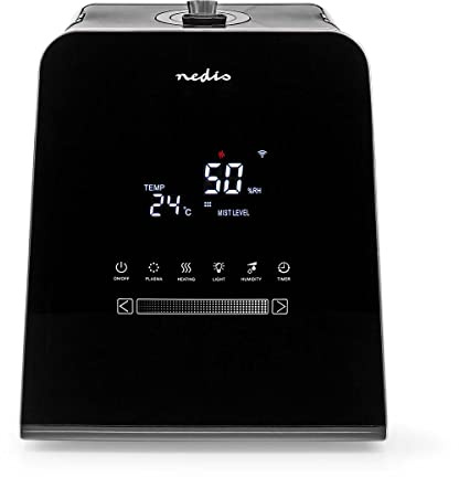 Nedis HUMI150BKW | Humidificador inteligente Wi-Fi SmartLife | 30 W | Niebla fría y caliente | Depósito de 5,5 L | Higrómetro integrado | Temporizador | Mando a distancia | Modo nocturno | Negro