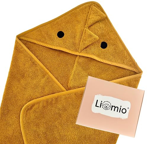 Liomio Kapuzenhandtuch Baby - Baby Handtuch mit Kapuze 100% Baumwolle [Oeko-TEX® 100] weich, kuschelig Baby Badetuch Babygeschenk (75x75cm, Dino - Mustard)
