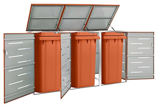 Festnight Mülltonnenbox 3 Tonnen Mülltonnenbox Metall Mülltonnenbox 3er Mülltonnenverkleidung Mülltonnen Unterstand Mülltonnenabdeckung mit 3 Klappdeckeln abschließbar Orange 207x77,5x115 cm