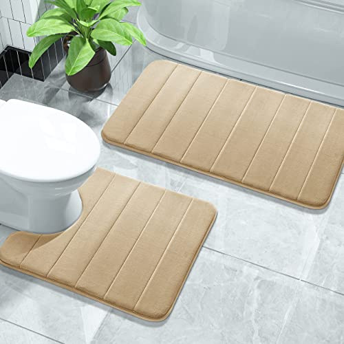 Yimobra Memory Foam Bath Mat Set, 2 Piece Soft Bathroom Rug,81x51 cm and 61x52 cm U-Shaped, Toilet Mat, Water Absorption, Non Slip, Thick, Dry Fast for Bathroom Floor Mat, Beige