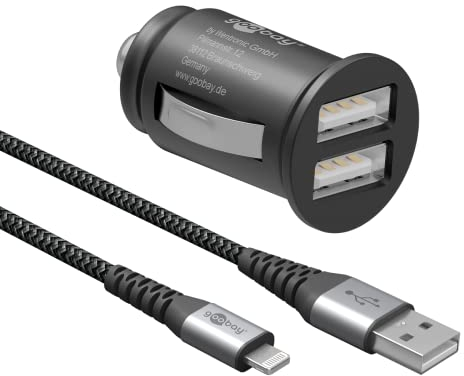 Goobay 64801 2-Port Zigarettenanzünder USB Ladegerät 2,4 A - Dual USB Zigarettenanzünder Adapter - Dual KFZ Ladegerät - geeignet für PKW & LKW (12V / 24V) inkl. 1 M Lightning Kabel