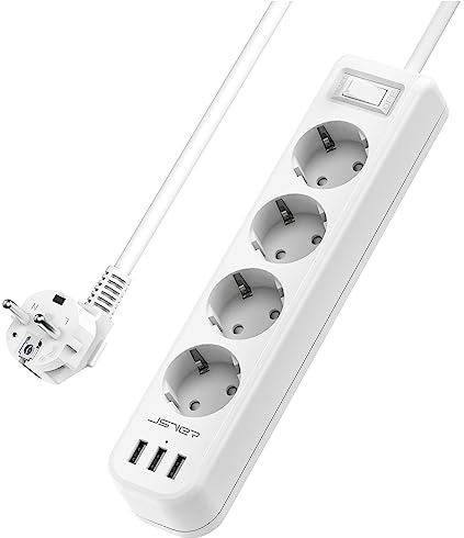 JSVER Multiprise 4 Prises avec 3 Port USB Bloc Multiprise Electrique(3680W/16A) avec Interrupteur Cordon 1,5m pour Smartphone Tablette-Blanc
