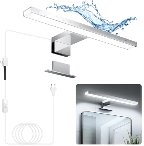 Hommie LED Lampada da Specchio Bagno 30cm 5W Bianco Freddo 6000K, Lampada da Bagno Impermeabile IP44,CRI＞80 Adatto a trucco, Luce Specchio Bagno Cablato e Wireless,Lampada per Bagno, Armadio, Parete