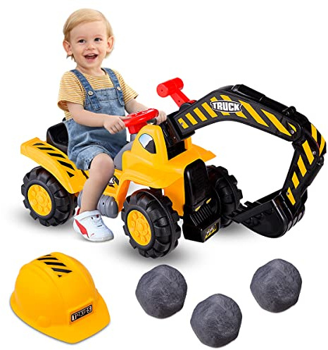 GYMAX Kids Ride on Car, Children Toy Excavator with Adjustable Bucket, Safety Helmet, Horn and Underneath Storage, Toddlers Push Along Truck for 3 Years Old + Boys Girls (89 x 30 x 45 cm)