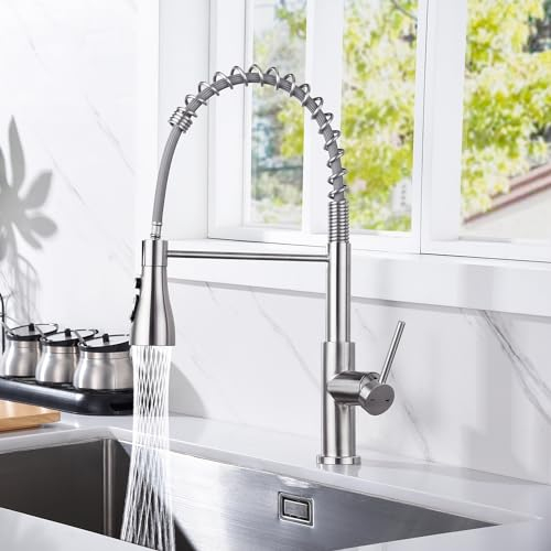 Wasserhahn Küche mit Brause Ausziehbar, YUANNY Hochdruck Küchenarmatur 360° Schwenkbar, Mischbatterie Spültischarmatur Küche Armatur, Spiralfederarmatur Edelstahl 304,Gebürstetes Nickel