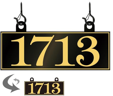 Hanging Address Plaque - Custom House Number Sign,Address Sign,Address Numbers for Outside Mailbox,Lamp,Light Post - Reflective 2 Hooks Double Sided 13'' x 6'', Black/Gold